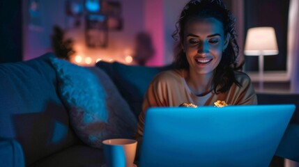 Woman with popcorn watching a film on a laptop in a cosy setting, perfect for entertainment blogs or home cinema ads.