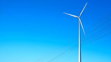 Tall Wind Turbine Against Clear Blue Sky with Power Lines