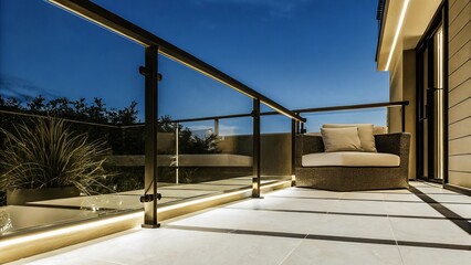 Modern balcony design featuring glass railings and led lighting contemporary home outdoor space evening ambiance sleek furniture and decor