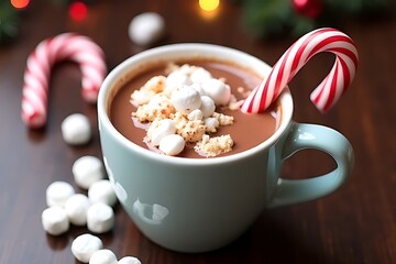 Indulging in festive hot chocolate with candy cane cozy kitchen food photography holiday decor close-up comfort drink