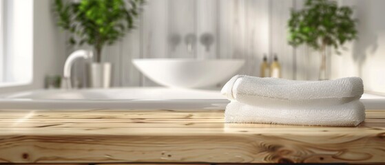 Stylish bathroom interior with wooden surface and white towels, perfect for interior design, advertising spa services or home comfort blogs.