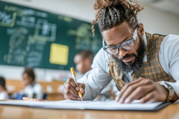 A school principal reviewing a disciplinary report before a meeting with teachers
