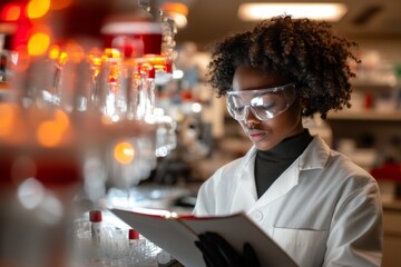 A scientist documenting research findings in a laboratory notebook with test tubes in the background