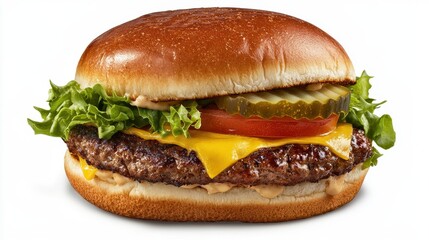 Juicy Cheddar Cheeseburger with Fresh Lettuce, Slices of Tomato, Pickles, and Creamy Sauce on a Soft Bun Isolated on White Background