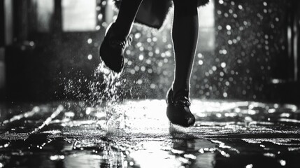 A woman walking in the rain, captured with a black and white filter. The wet sidewalk reflects her image, creating a silhouette effect.