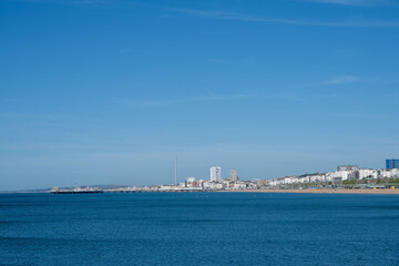 view of Brighton Palace Pier and the British Airways  i360 viewing  tower East Sussex England