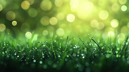 Obraz premium Beautiful green grass with dew drops, blurred background, bokeh effect, copy space concept, banner design.