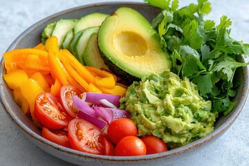 Avocado: Guacamole with delicious toppings. Fresh bowl of colorful vegetables and creamy guacamole.