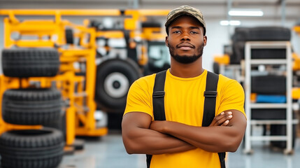 Confident Mechanic: Portrait of a skilled and confident African American male mechanic standing with arms crossed in a well-lit industrial setting, surrounded by heavy machinery and tires.