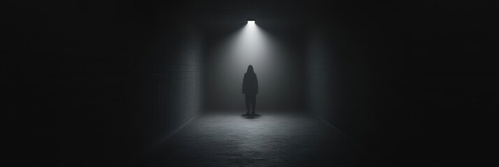 Silhouette of a person standing in a dark tunnel under a single source of light