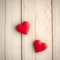 Fototapeta premium Two red hearts on a wooden backdrop for Valentine's Day