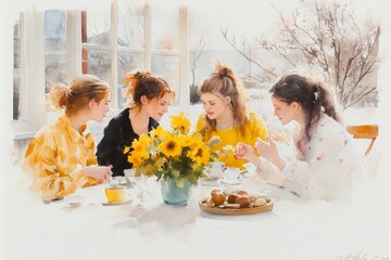A soft watercolor painting of a cozy book club gathering, with participants deeply engaged in discussion