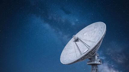 Satellite Dish Under Starry Night: A large satellite dish, gleaming under a breathtaking night sky filled with stars and the Milky Way, symbolizes exploration, connection.