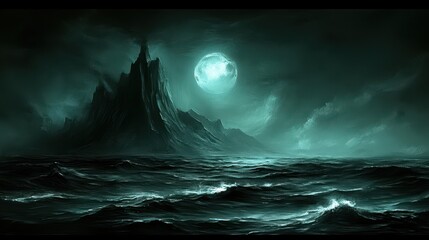 Naklejka premium Moonlit Sea, Mysterious Peaks, Dark Clouds, Fantasy Artwork