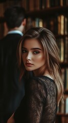 Fototapeta premium A photo of an attractive blonde woman wearing a gray sweater sitting in the foreground, with her boyfriend blurred behind at bookshelves.
