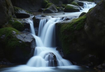 Fototapeta premium Mossy Rocks and Cascading Waterfalls in Long Exposure