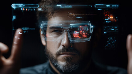 Cybernetic Visionary: A man wearing futuristic augmented reality glasses interacts with a holographic interface, showcasing cutting-edge technology and innovation.