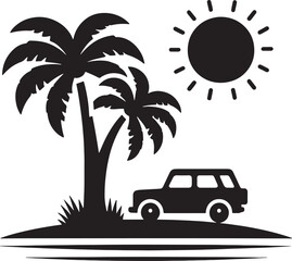 Vintage Car Driving on Beach with Palm Trees and Sunshine Splash