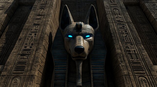 Anubis Guardian Ancient Structure Hieroglyphs Glowing Eyes Temple Entrance Egyptian God Deity.