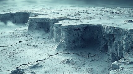 Frozen alien landscape, icy cliffs, desolate terrain, misty horizon