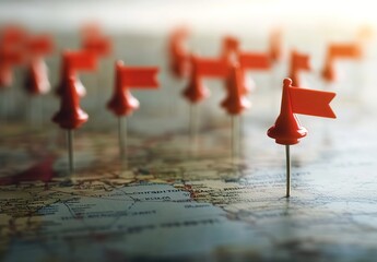  A close-up of red push pins with flags on top, pinning down various locations across the map. 