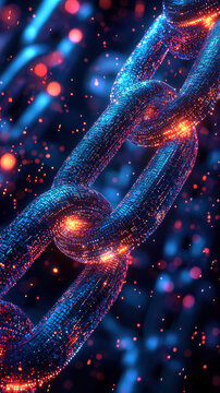 Abstract blockchain system with luminous chain links and digital circuits in cyberpunk style