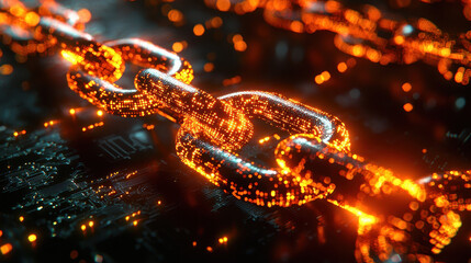 Complex blockchain network with glowing digital nodes and chain links under futuristic lighting