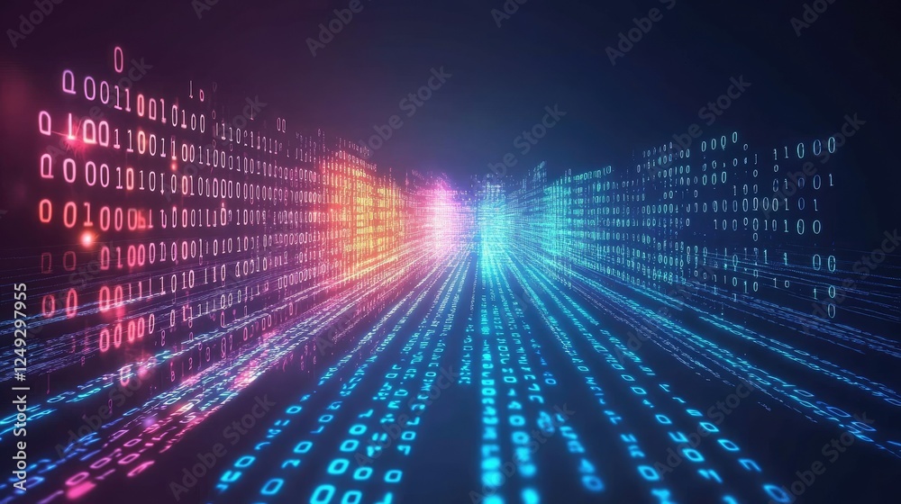 Poster digital binary code stream with vibrant color effects and lights