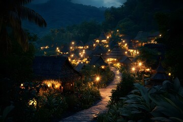 Fototapeta premium A serene village at night, illuminated by warm lights, surrounded by lush trees and mountains, creating a peaceful atmosphere. Concept Serene Village Nightscape, Warm Illuminations, Lush Trees
