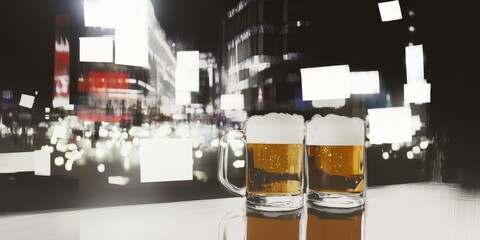 Two Frothy Beer Mugs in Front of Blurred Cityscape at Night