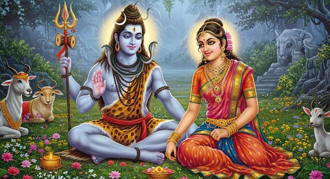 beautiful portrait of Hindu religion god Shiva or shiv with goddess Parvati 