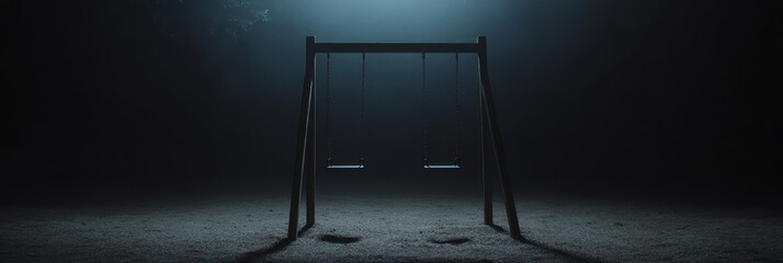Two empty swings on a quiet swing set at nighttime exuding a sense of mystery and solitude