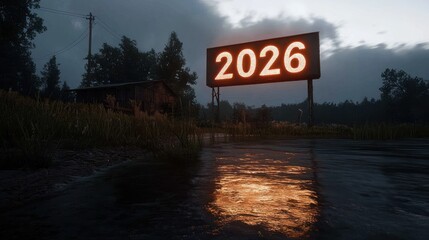 A weathered billboard displaying '2026' reflects in the water at dusk near a rustic cabin in a serene landscape