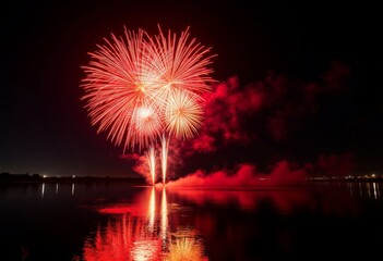 Red Fireworks Reflected on Water at Night