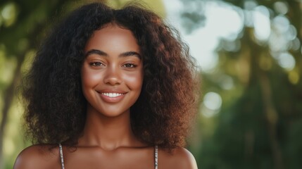 Smiling Woman in Nature with Curly Hair and Green Background