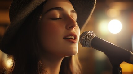 Young beauty woman improving her singing skills through an online vocal training class.