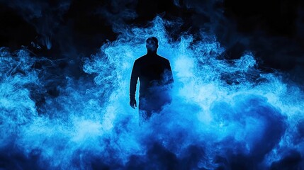 Fototapeta premium A silhouette of a man standing in the center, surrounded by blue smoke, in a cinematic style