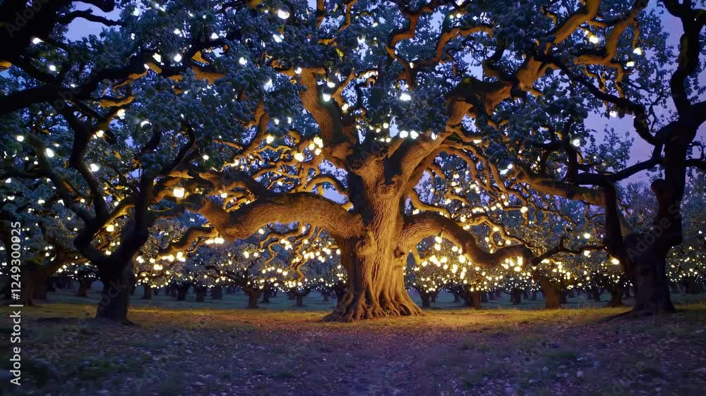 Poster Magical evening in an illuminated orchard with glowing trees and serene atmosphere