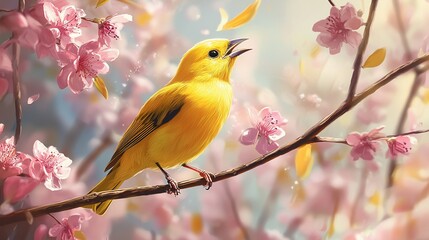 Yellow bird singing spring blossoms branch nature