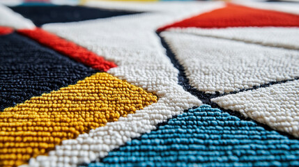 Fototapeta premium Macro shot of a geometric patterned rug showcasing bold colors and textile details in modern decor