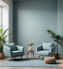 This image depicts a minimalist living room with two light blue armchairs, a small wooden table with a flower pot and two potted plants.