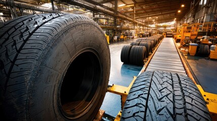 Industrial tire manufacturing process showcasing production line with tires in a factory setting