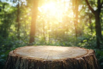A tree stump in a forest with sunlight streaming through the trees, illuminating the stump and surrounding foliage, creating a serene and peaceful atmosphere.