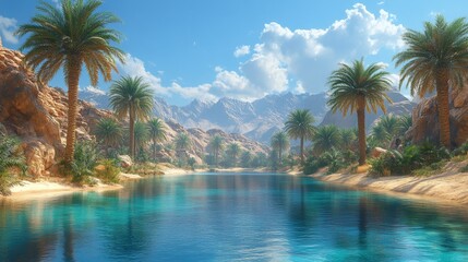 Naklejka premium Serene desert oasis with palm trees