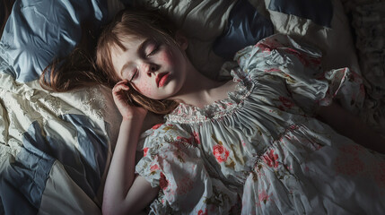 Fototapeta premium Little girl peacefully resting in bed with closed eyes under soft blankets and pillow