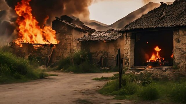 a rural fire engulfs two old thatched roof buildings. flames consume rustic structures amid a chaotic countryside. dramatic destruction unfolds as fire overtakes rural landscape.