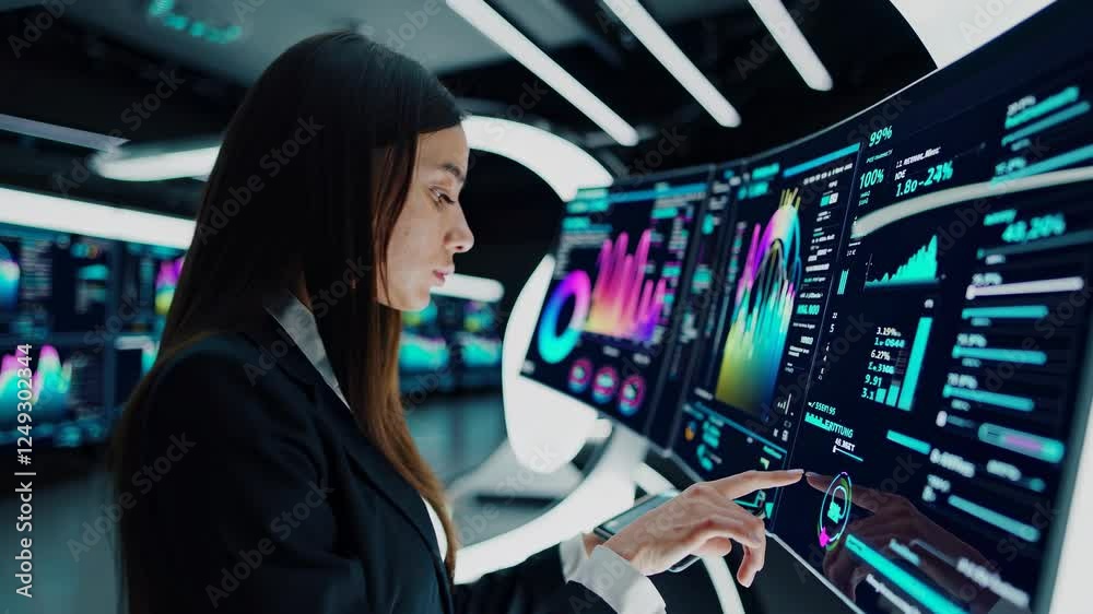 Poster Data analysis in modern workspace with multiple screens displaying vibrant graphs and charts