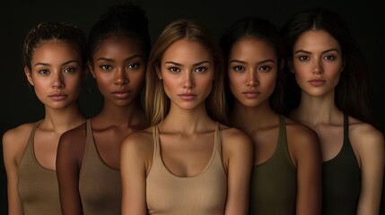 Obraz premium A group of women standing next to each other, wearing different styles and colors of .