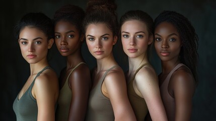 Obraz premium A group of women standing next to each other, wearing different styles and colors of .