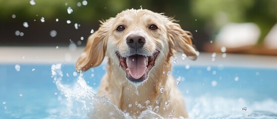 Joyful dog enjoying splash in a refreshing shallow pool